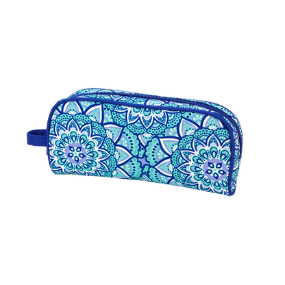Dream pattern pencil case in blue and purple floral with navy zipper