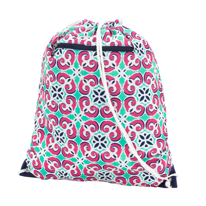 Pink and mint tile-print drawstring gym bag