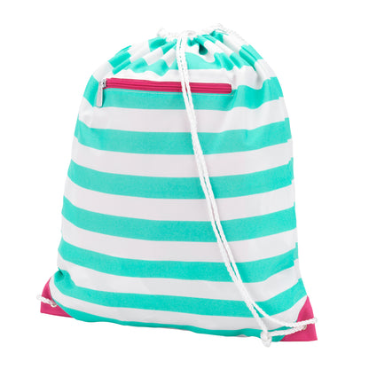 Mint and white striped drawstring gym bag