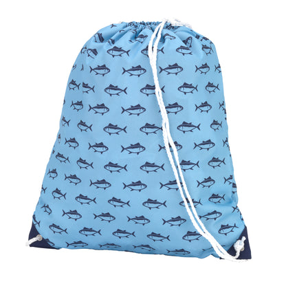 Blue fish-print drawstring gym bag