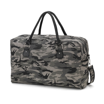 Gray camouflage duffel with black handles on a white background