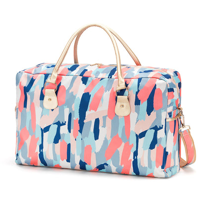 Multicolor abstract-print duffel with pale handles