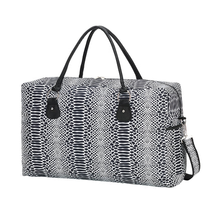 Black and white snakeskin-pattern duffel with black handles