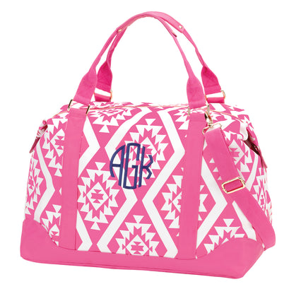 Pink geometric-print weekender with navy monogram