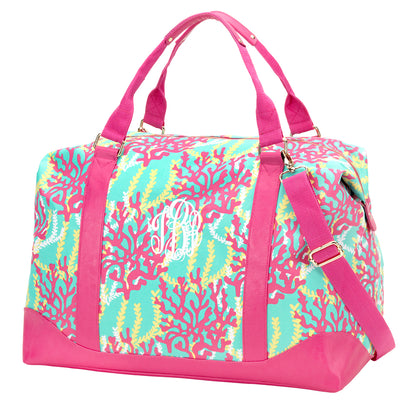 Mint and coral patterned weekender with pink trim