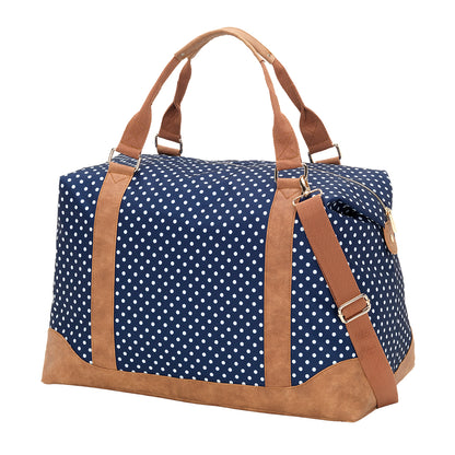 Navy dotted duffel with tan trim and matching long strap
