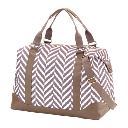Taupe and white herringbone-pattern weekender with matching trim