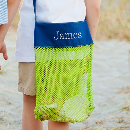 Green mesh tote with navy top panel embroidered with James