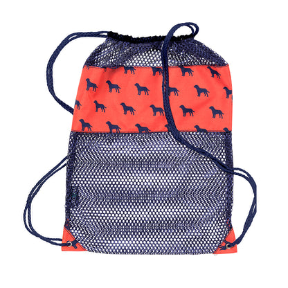 Orange dog-print mesh drawstring backpack on a white background