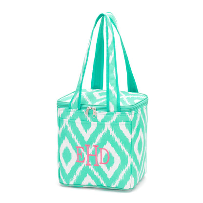 Mint and white geometric-pattern cooler tote with a pink monogram
