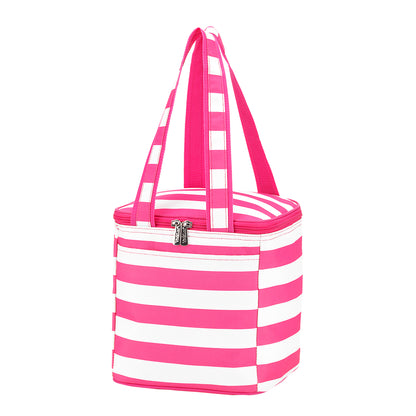 Hot pink and white striped cooler tote with matching handles