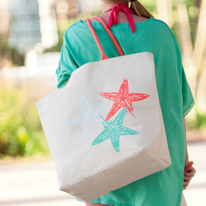 Close-up of a starfish tote worn over the shoulder