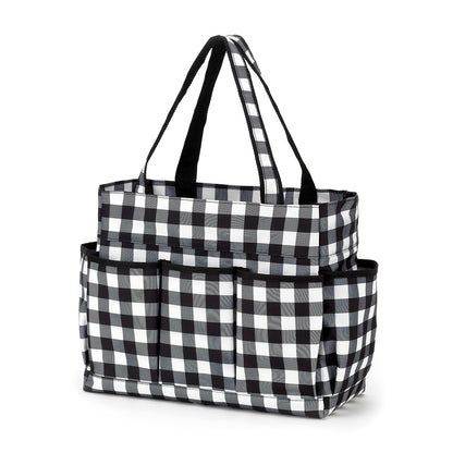 Black and white gingham carryall tote with exterior pockets