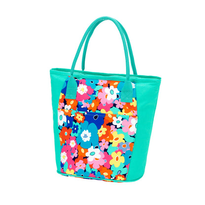 Mint cooler tote with multicolor floral front panel