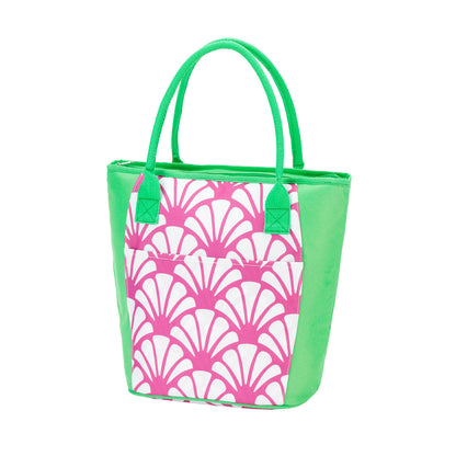 Green cooler tote with pink shell-pattern panel on a white background