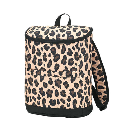 Tan leopard-print cooler backpack with black straps