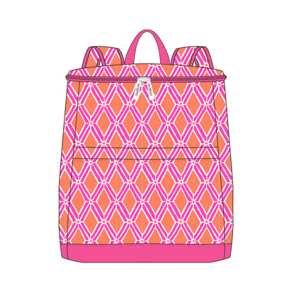 Pink geometric-print cooler backpack with matching straps