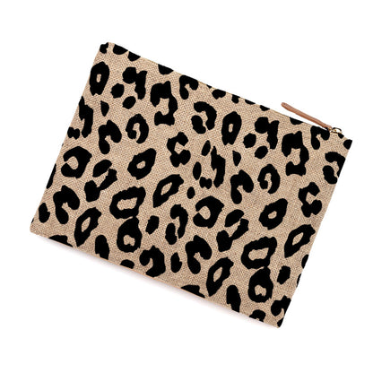 Leopard-print burlap-style zipper pouch on a white background