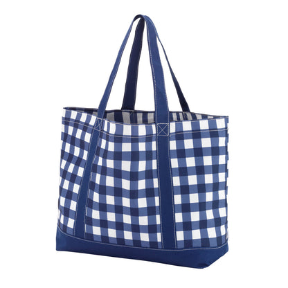 Navy and white checked tote with navy handles and trim