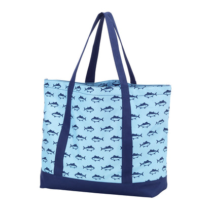 Blue fish-print tote with navy handles and trim