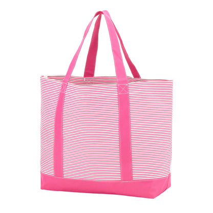 Pink pinstripe tote with hot pink handles and trim