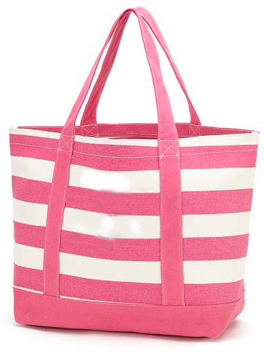 Pink and white wide-striped tote with pink handles