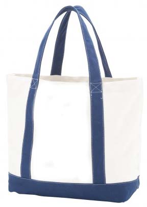 Cream tote with navy handles and bottom panel