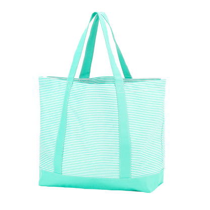 Mint pinstripe tote with mint handles and trim