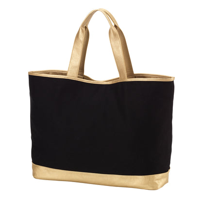 Black tote with gold-colored handles and lower trim