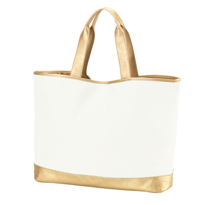 Cream tote with gold-colored handles and lower trim