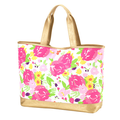Pink floral tote with gold-colored handles and lower trim