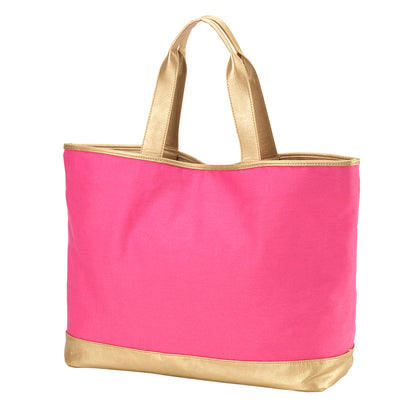 Hot pink tote with gold-colored handles and lower trim