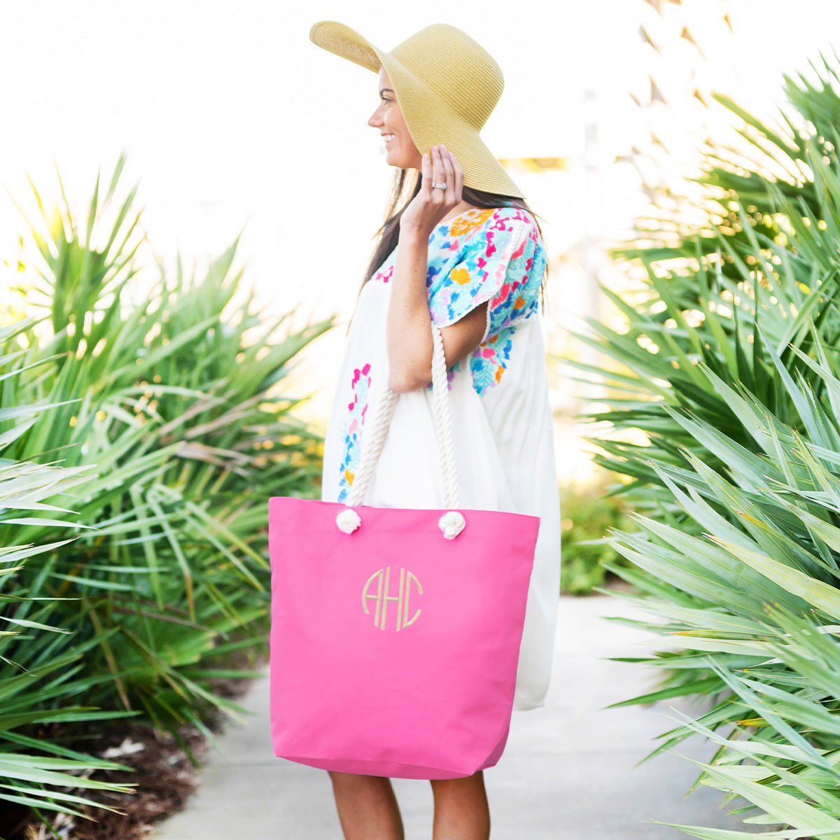 Castaway Tote with Rope Handles, Black, Hot Pink, Mint, or Navy