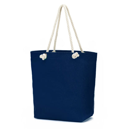 Navy Castaway tote with white rope handles on a white background