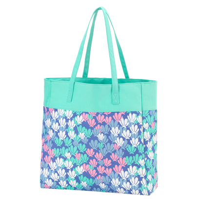 Mermaid-tail-print tote with mint top panel and handles