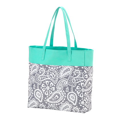 Gray paisley tote with mint top panel and handles