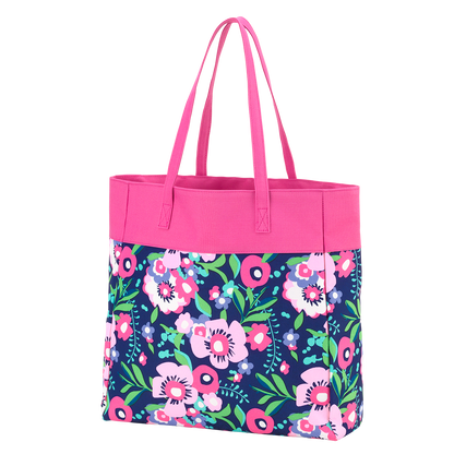 Navy floral tote with pink top panel and handles