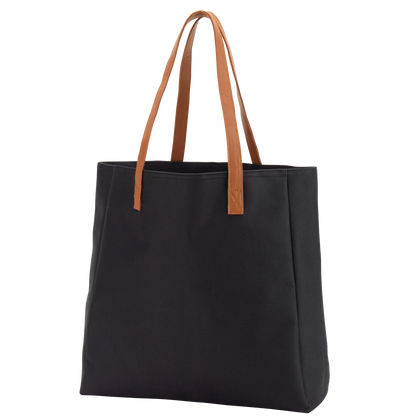Black tote with tan handles