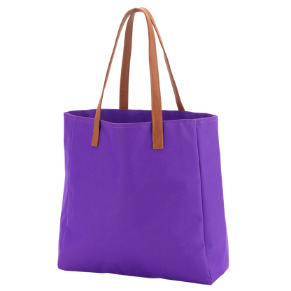 Purple tote with tan handles