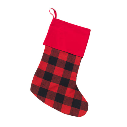 Red and black buffalo check Christmas stocking with red cuff on white