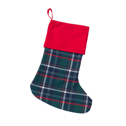 Dark green and red tartan plaid Christmas stocking with red cuff on white