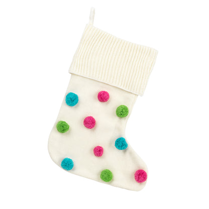 Cream knit Christmas stocking with multicolored pom-pom dots on white
