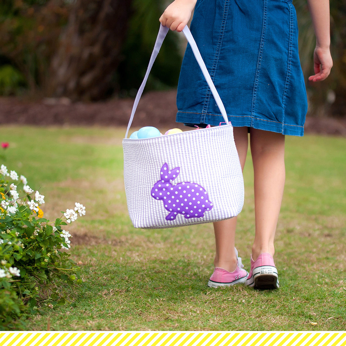 Seersucker Easter Basket with Applique Bunny, Green or Purple