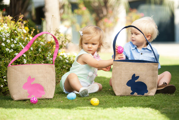 Burlap Bunny Easter Basket, Hot Pink, Navy, Mint