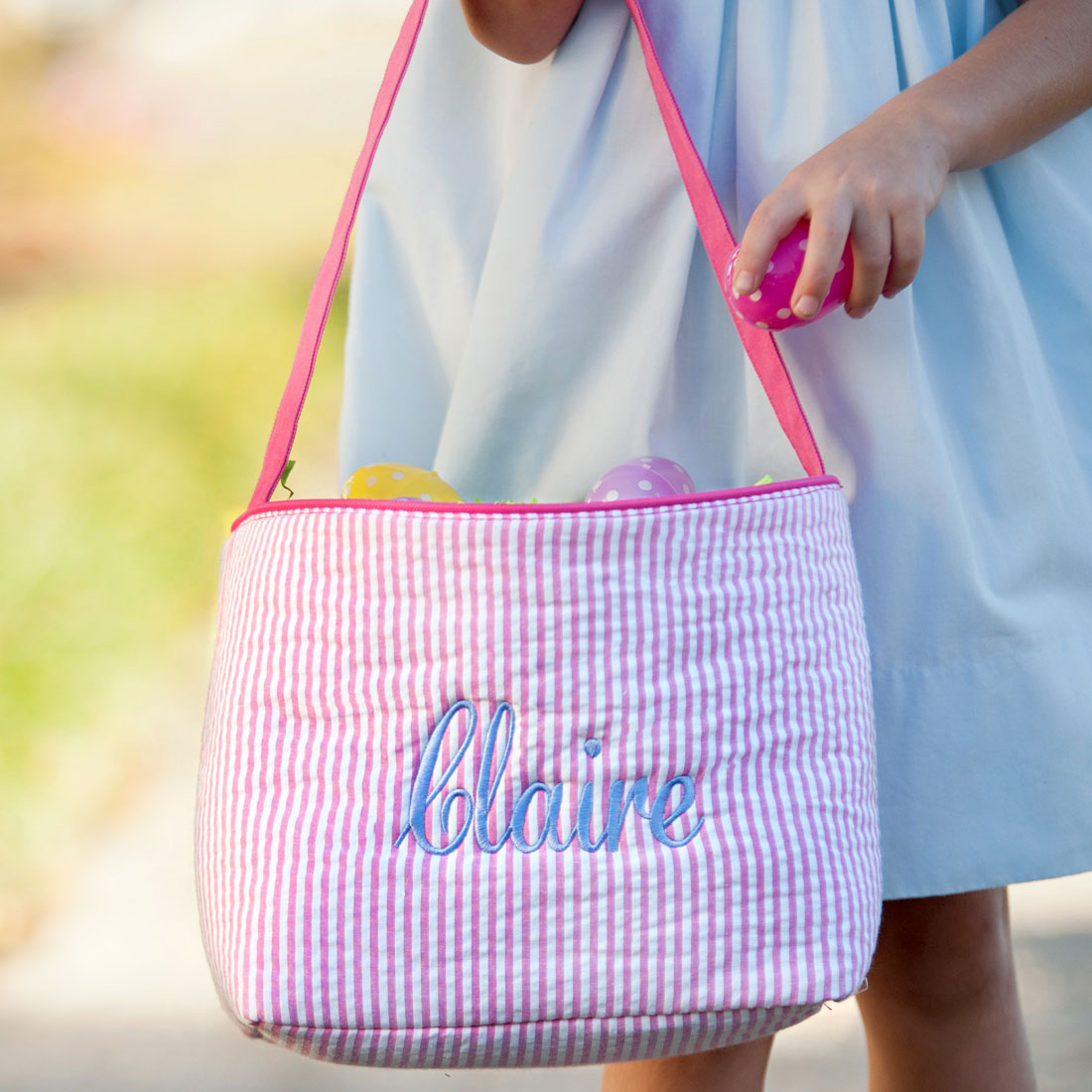 Seersucker Bunny Easter Basket, Blue, Pink, Green, or Purple