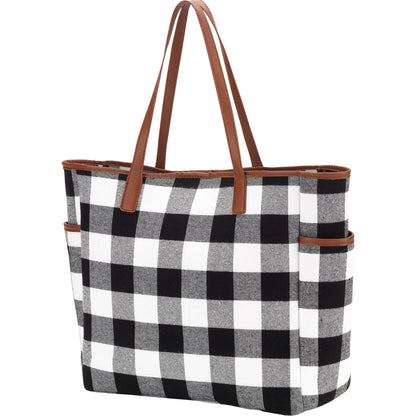 Black and white checked shoulder tote with tan handles