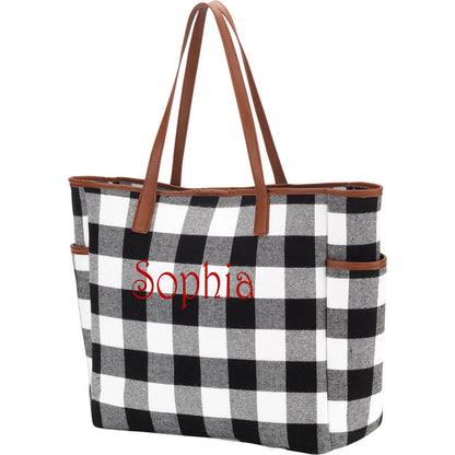 Black and white checked tote embroidered with Sophia