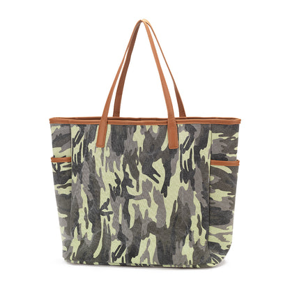 Camouflage shoulder tote with tan handles