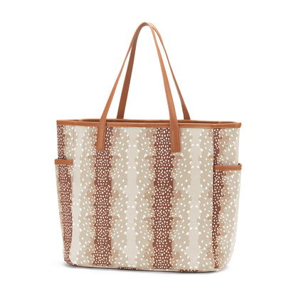 Tan spotted shoulder tote with tan handles