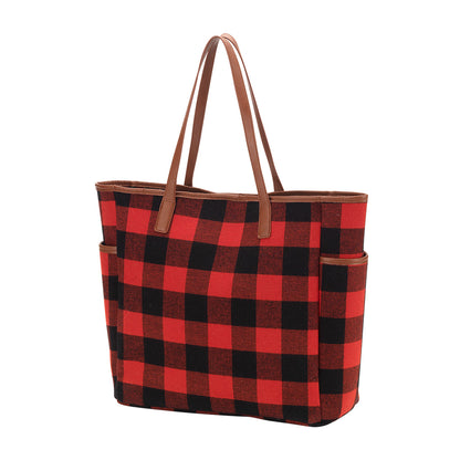 Red and black checked shoulder tote with tan handles